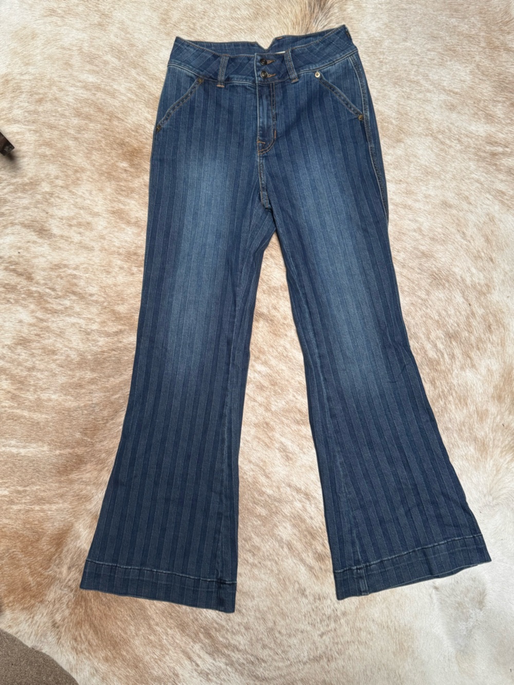 Rock & Roll Cowgirl Dark Blue Vertical-Stripe Flare Jeans